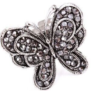 Womens Ladies Silver Adjustable Metamorphosis Marcasite Crystal Butterfly Ring
